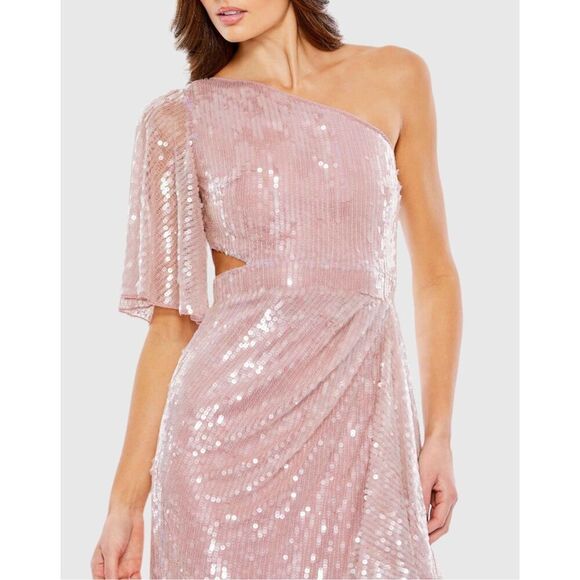 NWT MAC DUGGAL Sequined Flutter Sleeve One Shoulder Draped Gown Size 0 $698 - Picture 2 of 4